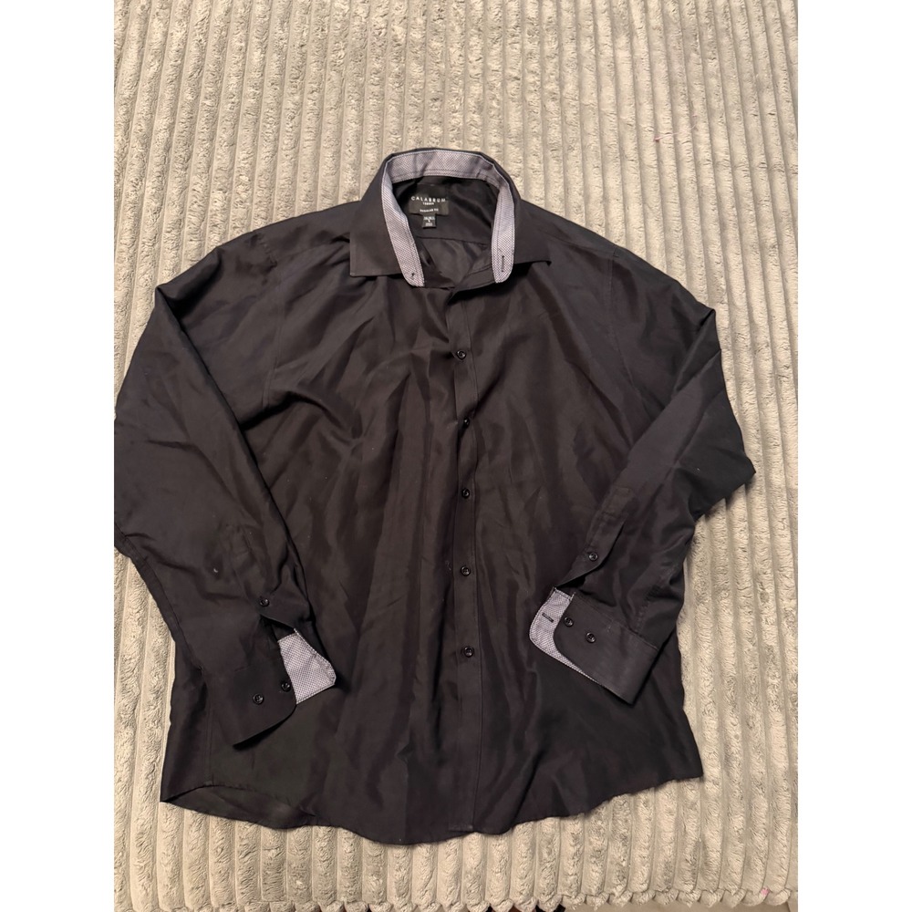 Calabrum London Mens Black Regular Fit Button Down Dress Shirt Pattern Trim L